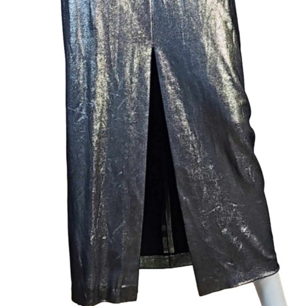 Vintage Alex Evenings Metallic Pewter Halter Back Zip Front Slit Formal … - Picture 3 of 16